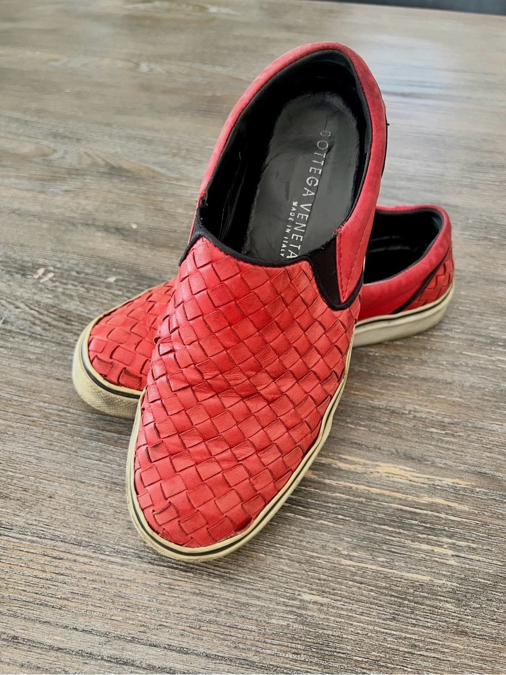 Bottega Veneta Red Intrecciato Leather Slip-On Sneakers